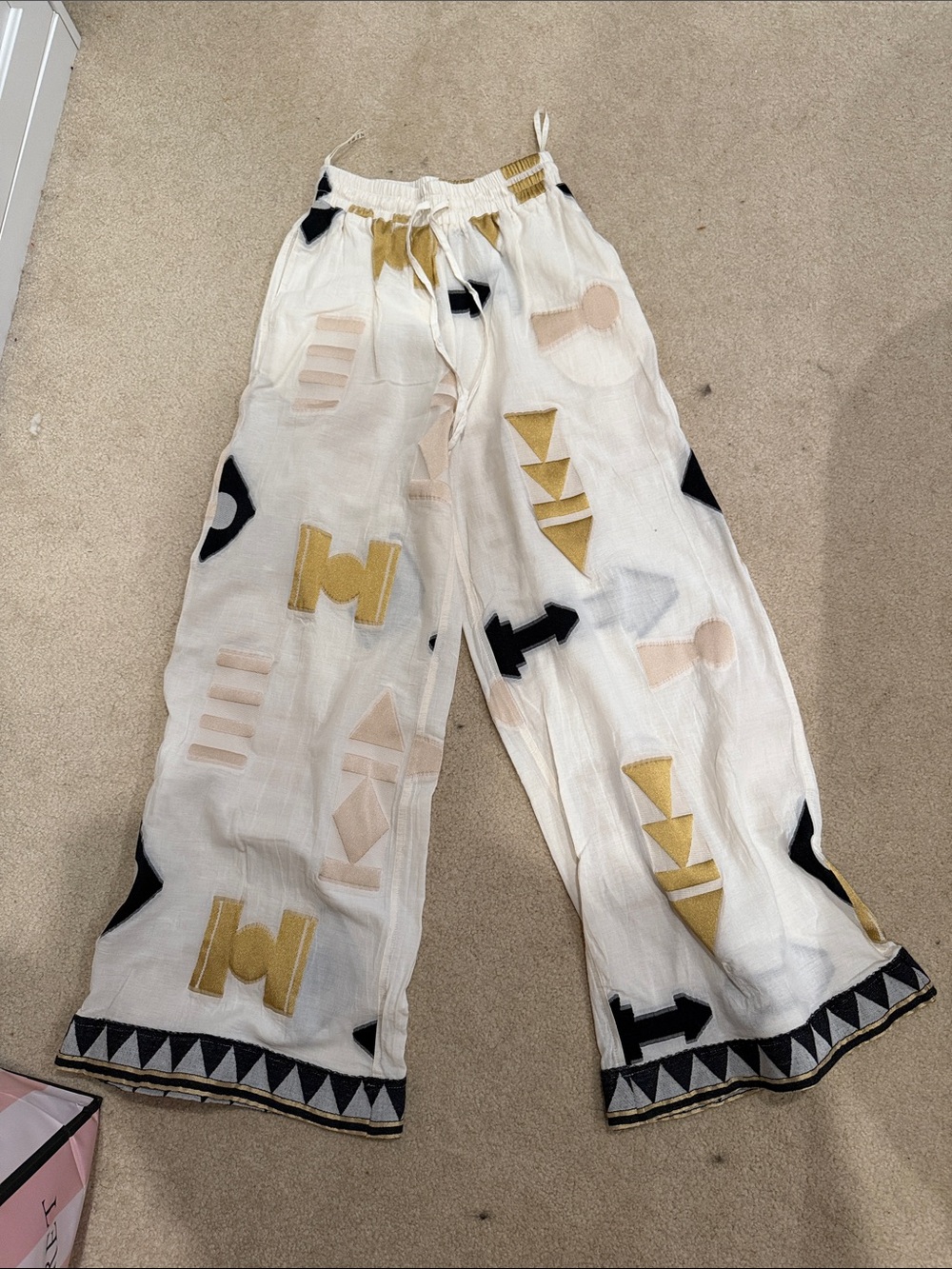 Nema resort wear Cream Geometric Embroidered wide leg pants